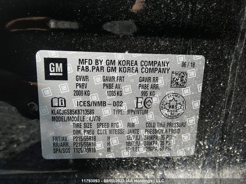 2019 Buick Encore VIN: KL4CJGSB5KB713589 Lot: 11793093