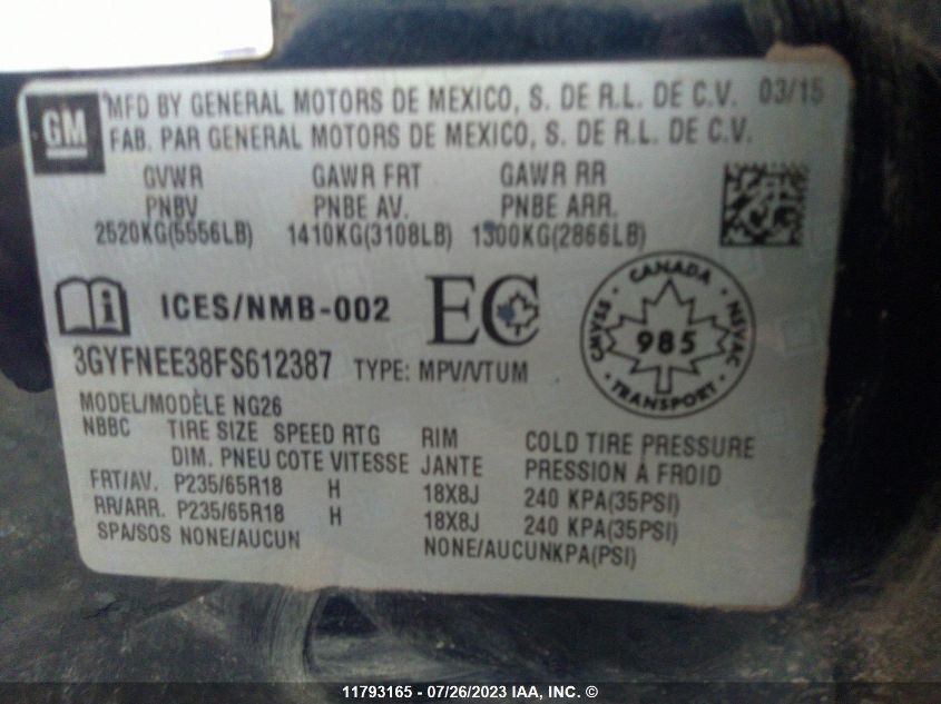 2015 Cadillac Srx Luxury Collection VIN: 3GYFNEE38FS612387 Lot: 11793165