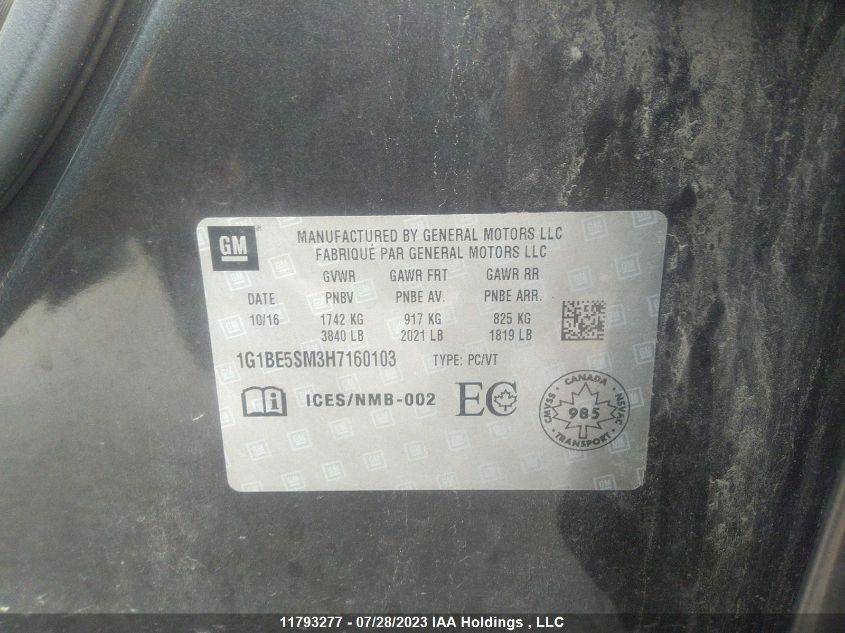 2017 Chevrolet Cruze Lt VIN: 1G1BE5SM3H7160103 Lot: 11793277