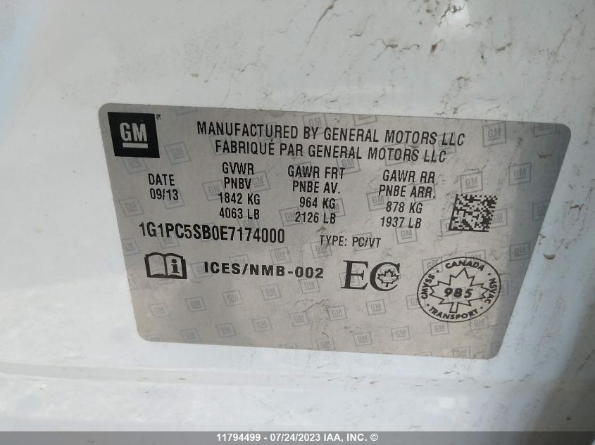 2014 Chevrolet Cruze Lt VIN: 1G1PC5SB0E7174000 Lot: 11794499