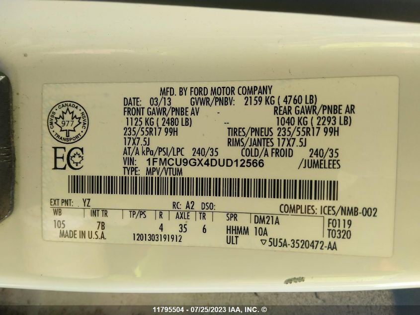 2013 Ford Escape Se VIN: 1FMCU9GX4DUD12566 Lot: 11795504