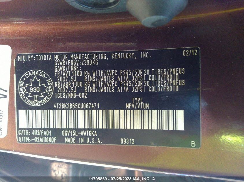 2012 Toyota Venza Le/Xle/Limited VIN: 4T3BK3BB5CU067471 Lot: 11795859