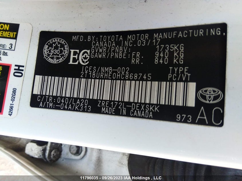 2017 Toyota Corolla VIN: 2T1BURHE0HC868745 Lot: 11796035