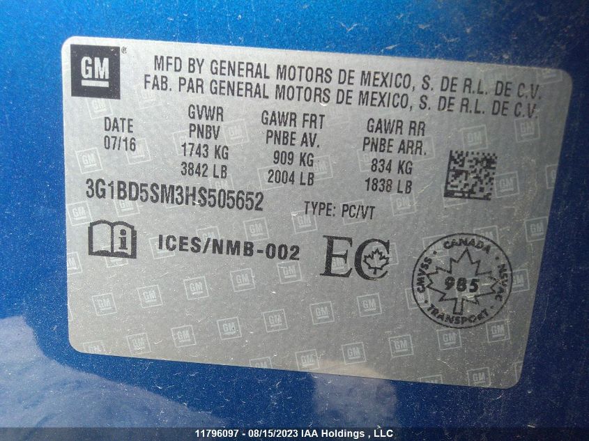 2017 Chevrolet Cruze Lt VIN: 3G1BD5SM3HS505652 Lot: 11796097