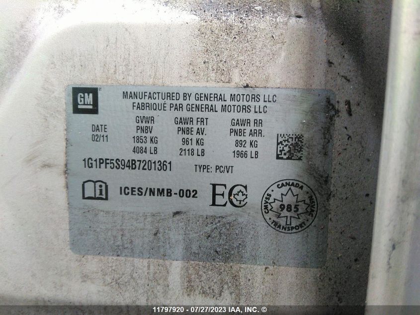 2011 Chevrolet Cruze Lt VIN: 1G1PF5S94B7201361 Lot: 11797920