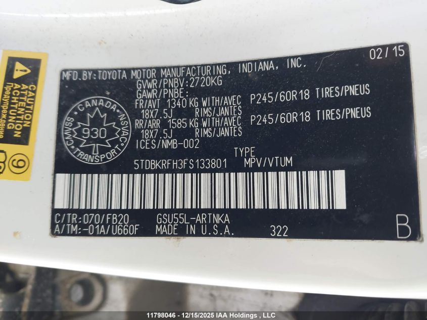 2015 Toyota Highlander Le/Le Plus VIN: 5TDBKRFH3FS133801 Lot: 11798046