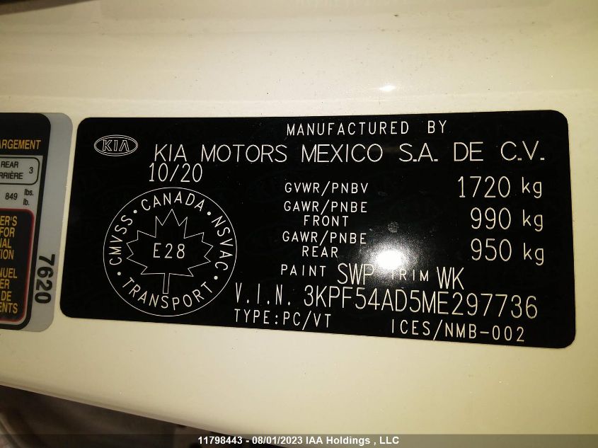 2021 Kia Forte VIN: 3KPF54AD5ME297736 Lot: 11798443