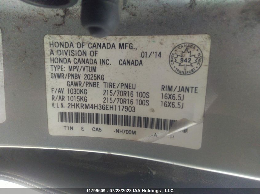 2014 Honda Cr-V Lx VIN: 2HKRM4H36EH117903 Lot: 11799509