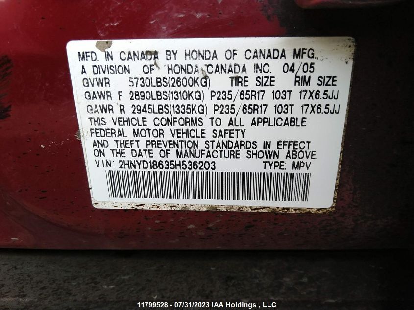 2005 Acura Mdx Touring VIN: 2HNYD18635H536203 Lot: 11799528