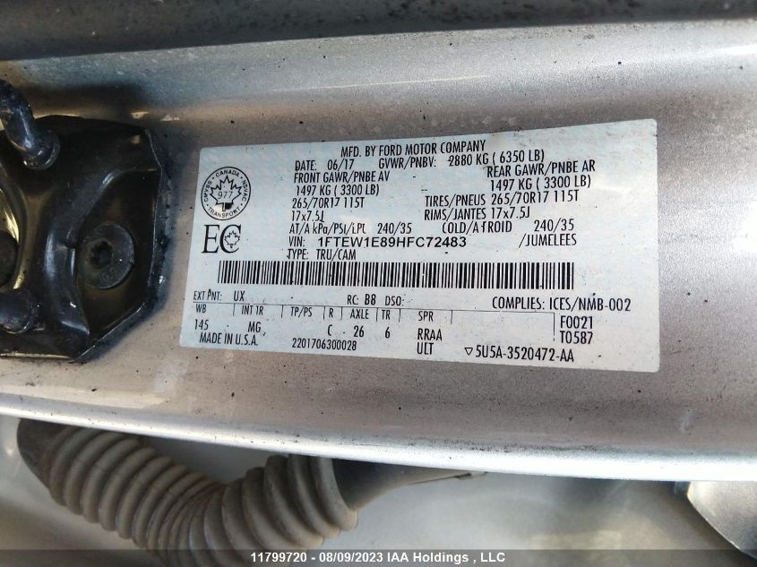 2017 Ford F150 Supercrew VIN: 1FTEW1E89HFC72483 Lot: 11799720