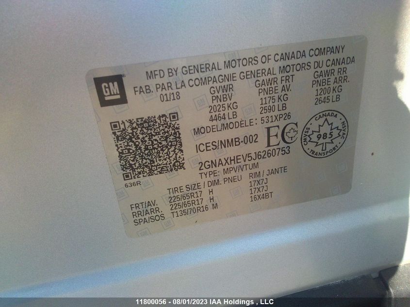 2018 Chevrolet Equinox Ls VIN: 2GNAXHEV5J6260753 Lot: 11800056