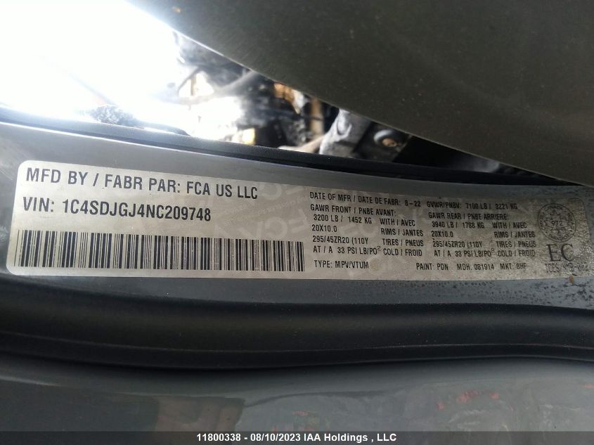 2022 Dodge Durango VIN: 1C4SDJGJ4NC209748 Lot: 11800338