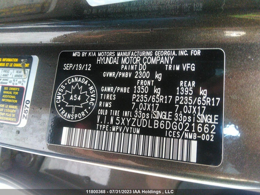 2013 Hyundai Santa Fe VIN: 5XYZUDLB6DG021662 Lot: 11800368