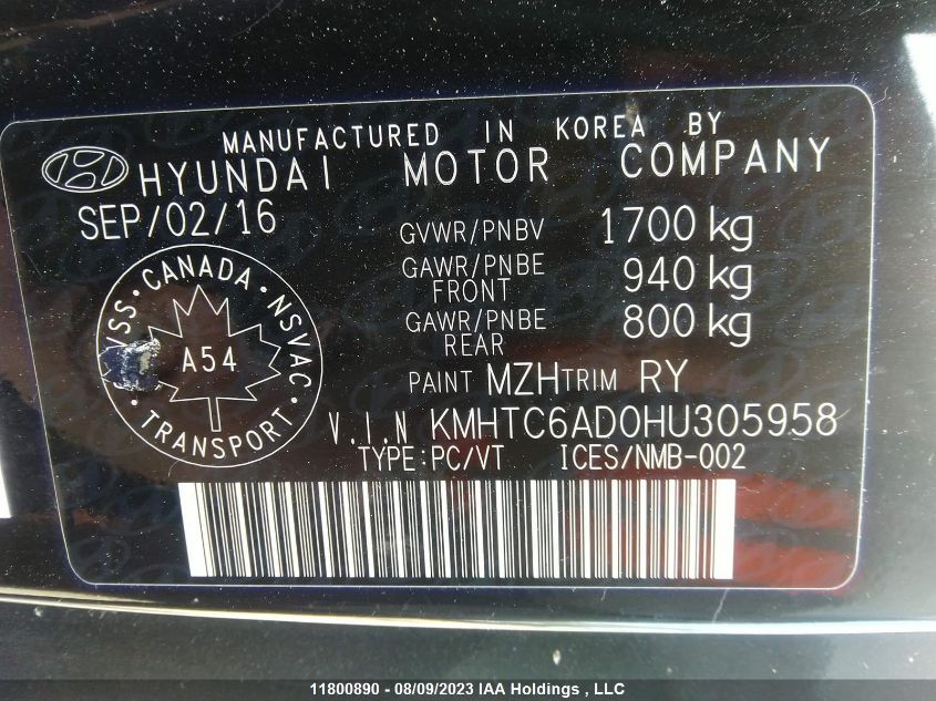2017 Hyundai Veloster VIN: KMHTC6AD0HU305958 Lot: 11800890