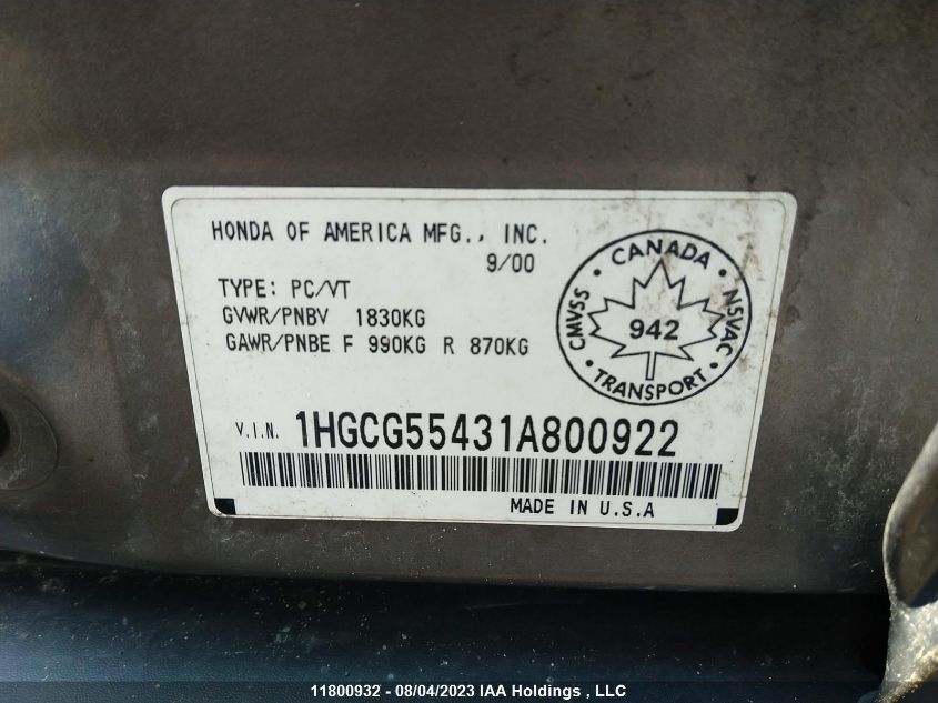 2001 Honda Accord Lx VIN: 1HGCG55431A800922 Lot: 11800932