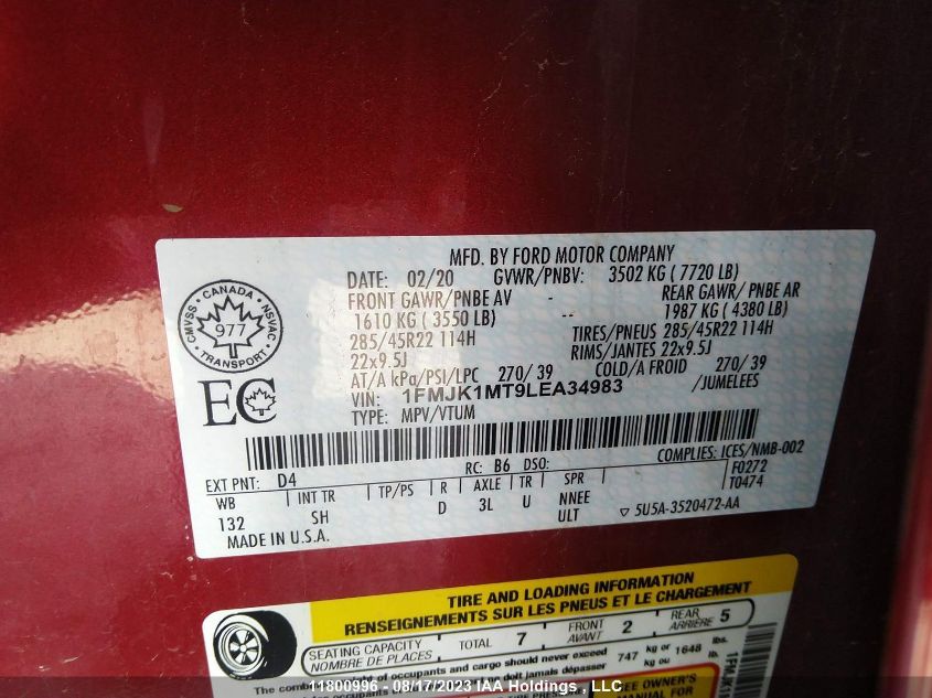 2020 Ford Expedition Platinum VIN: 1FMJK1MT9LEA34983 Lot: 11800996