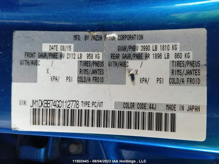 2016 Mazda Cx-3 VIN: JM1DKBB74G0112778 Lot: 11802445