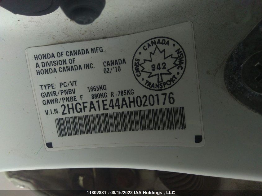 2010 Honda Civic Sdn Dx-G VIN: 2HGFA1E44AH020176 Lot: 11802881