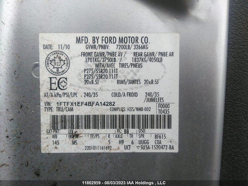 2011 Ford F-150 Xl/Stx/Xlt/Fx4/Lariat VIN: 1FTFX1EF4BFA14282 Lot: 11802959