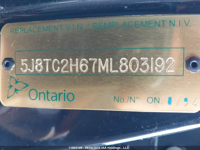2021 Acura Rdx VIN: 5J8TC2H67ML803192 Lot: 11803149