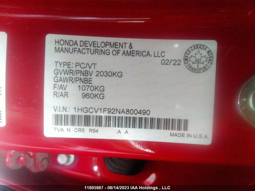 2022 Honda Accord VIN: 1HGCV1F92NA800490 Lot: 11805987