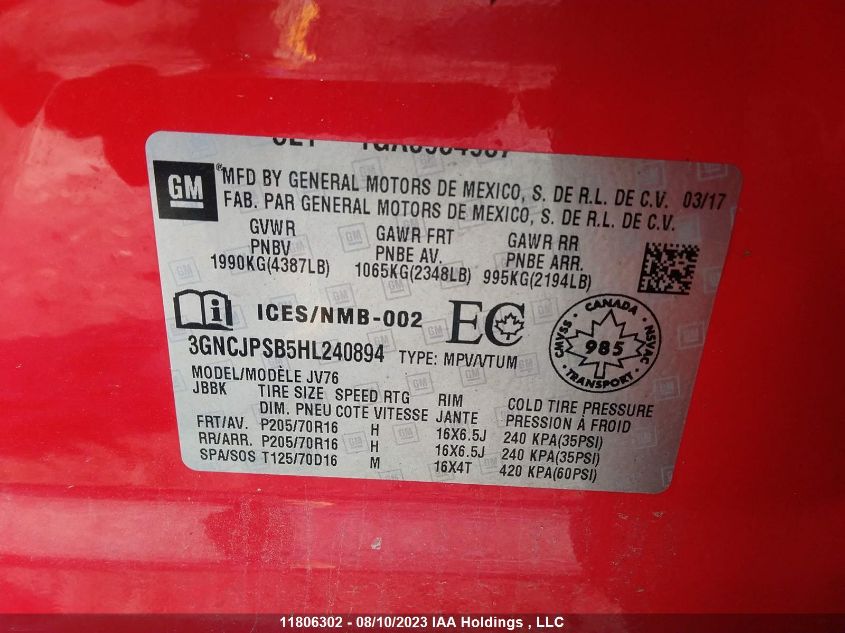 2017 Chevrolet Trax VIN: 3GNCJPSB5HL240894 Lot: 11806302