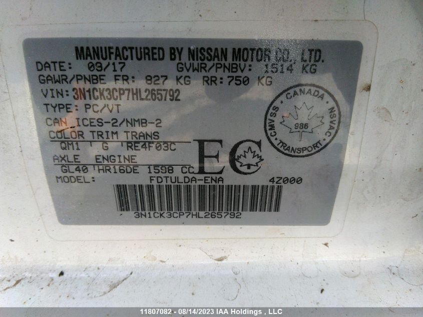 2017 Nissan Micra S/Sv/Sr VIN: 3N1CK3CP7HL265792 Lot: 11807082