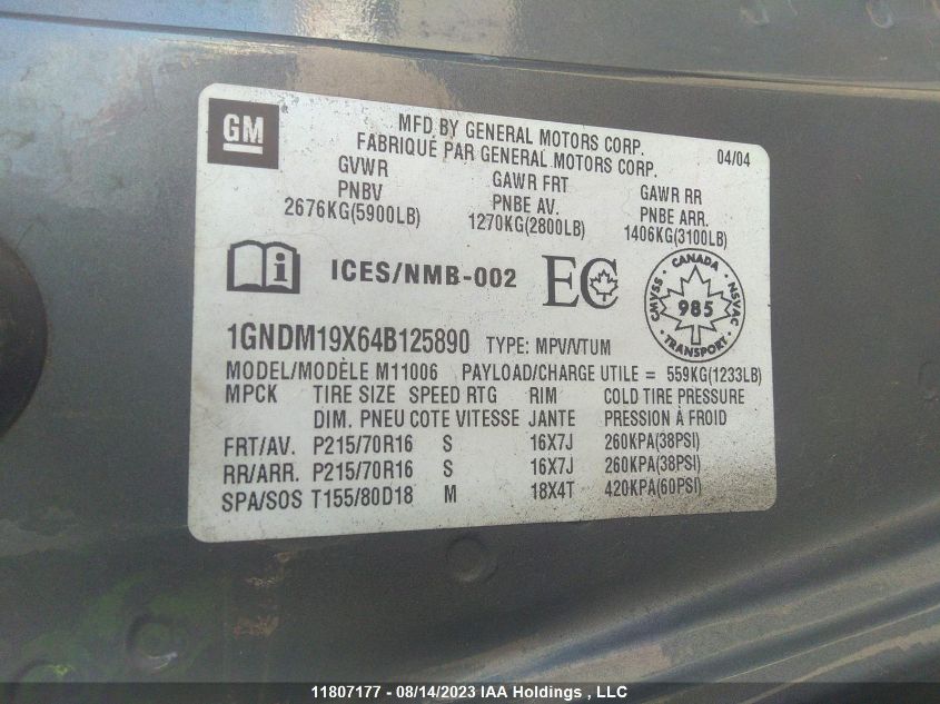 2004 Chevrolet Astro Passenger VIN: 1GNDM19X64B125890 Lot: 11807177