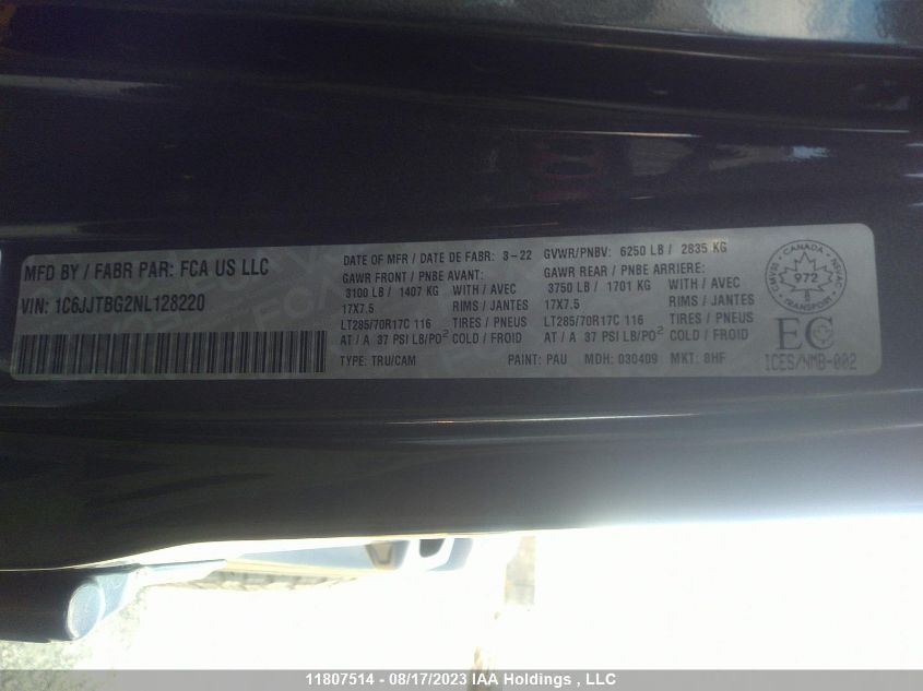 2022 Jeep Gladiator Rubicon VIN: 1C6JJTBG2NL128220 Lot: 11807514