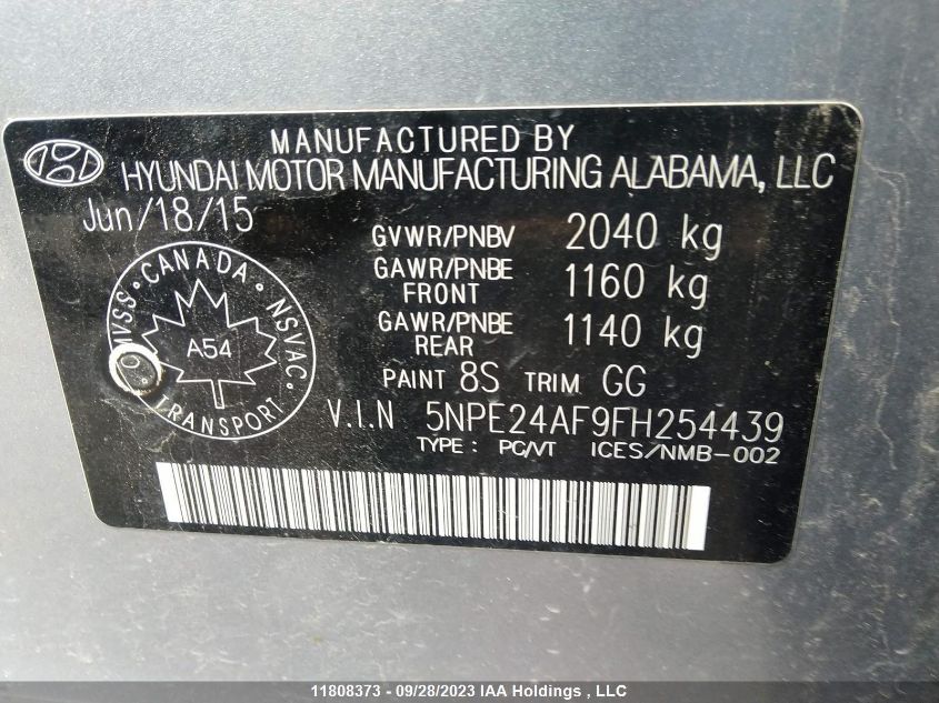 2015 Hyundai Sonata Se VIN: 5NPE24AF9FH254439 Lot: 11808373