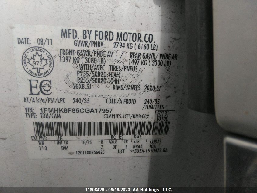 2012 Ford Explorer Limited VIN: 1FMHK8F85CGA17957 Lot: 11808426