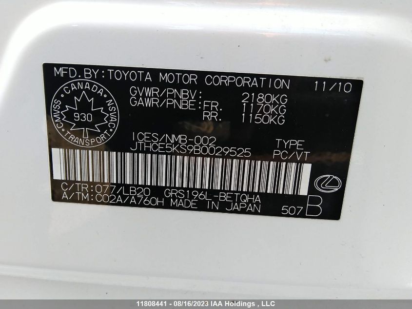 2011 Lexus Gs 350 VIN: JTHCE5KS9B0029525 Lot: 11808441