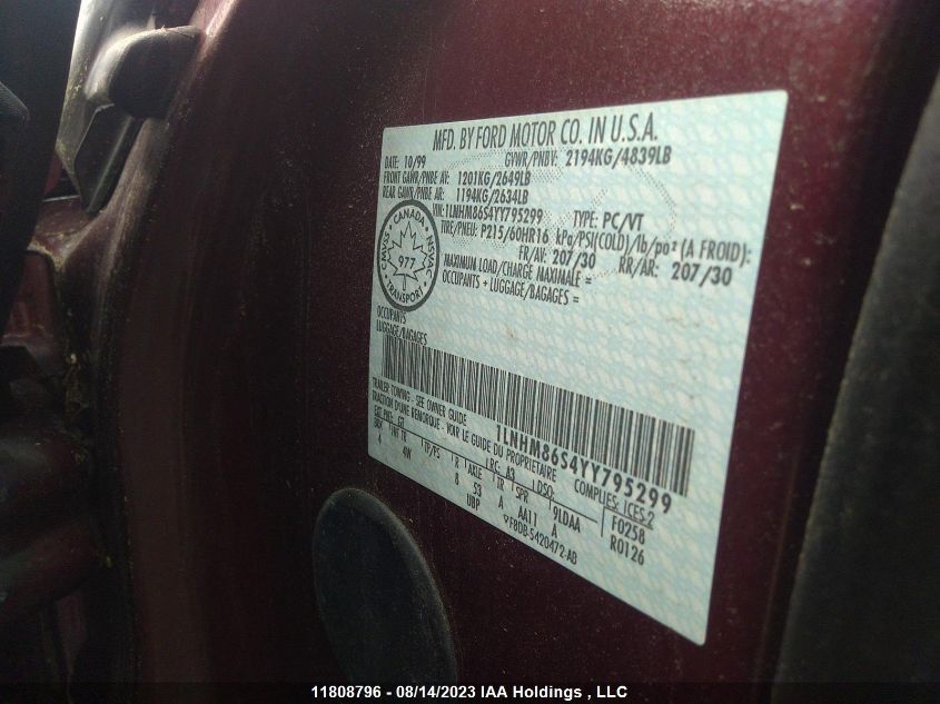 2000 Lincoln Ls VIN: 1LNHM86S4YY795299 Lot: 11808796