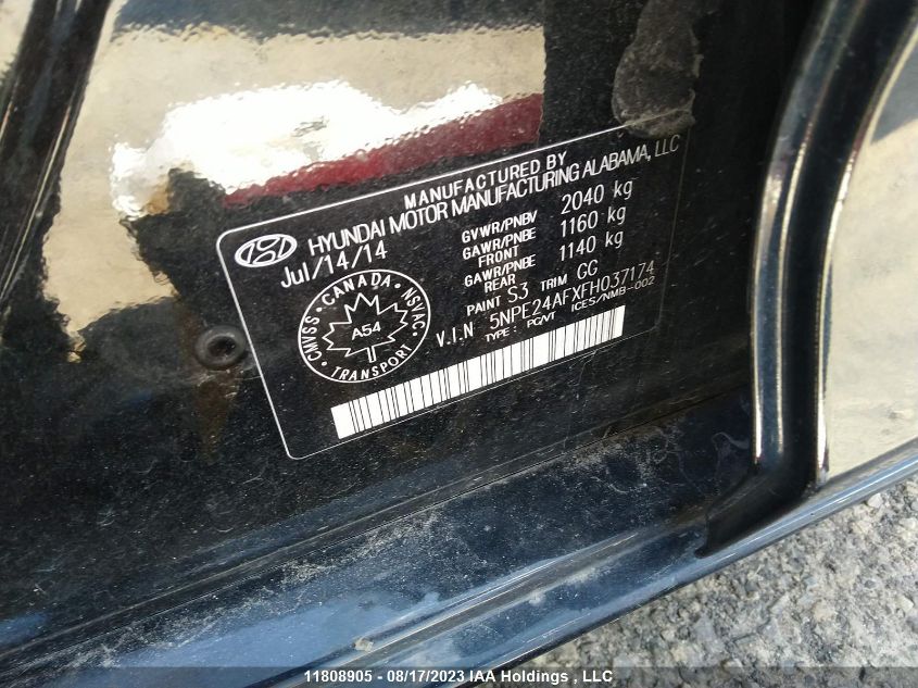 2015 Hyundai Sonata VIN: 5NPE24AFXFH037174 Lot: 11808905