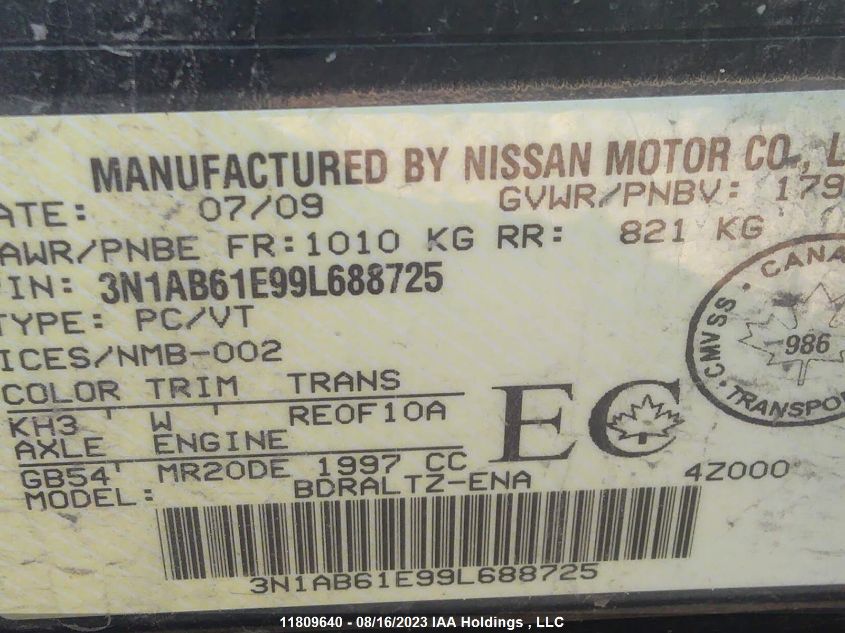 2009 Nissan Sentra 2.0 S Fe+ VIN: 3N1AB61E99L688725 Lot: 11809640