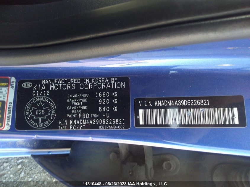 2013 Kia Rio Lx/Lx+/Lx+ Eco/Ex/Sx VIN: KNADM4A39D6226821 Lot: 11810448