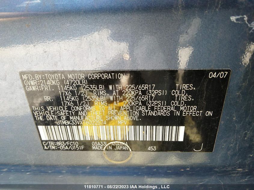 2007 Toyota Rav4 Base VIN: JTMBK33VX76022574 Lot: 11810771