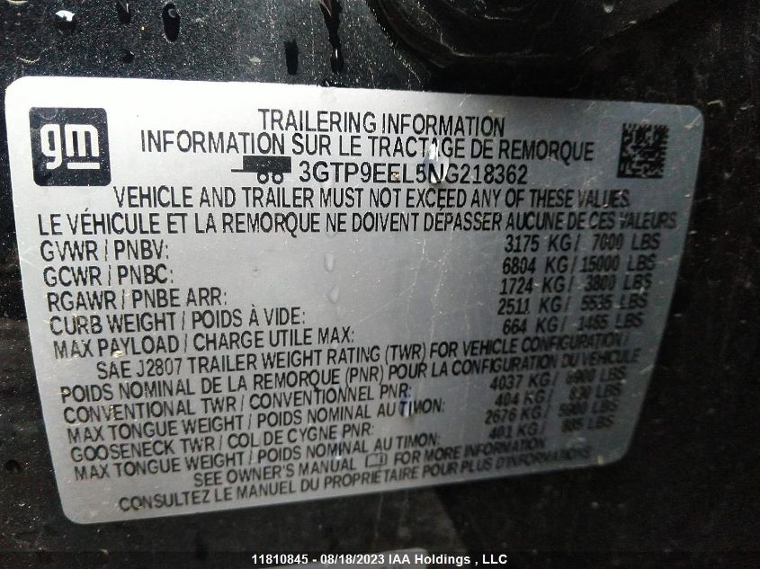 2022 GMC Sierra 1500 Limited VIN: 3GTP9EEL5NG218362 Lot: 11810845