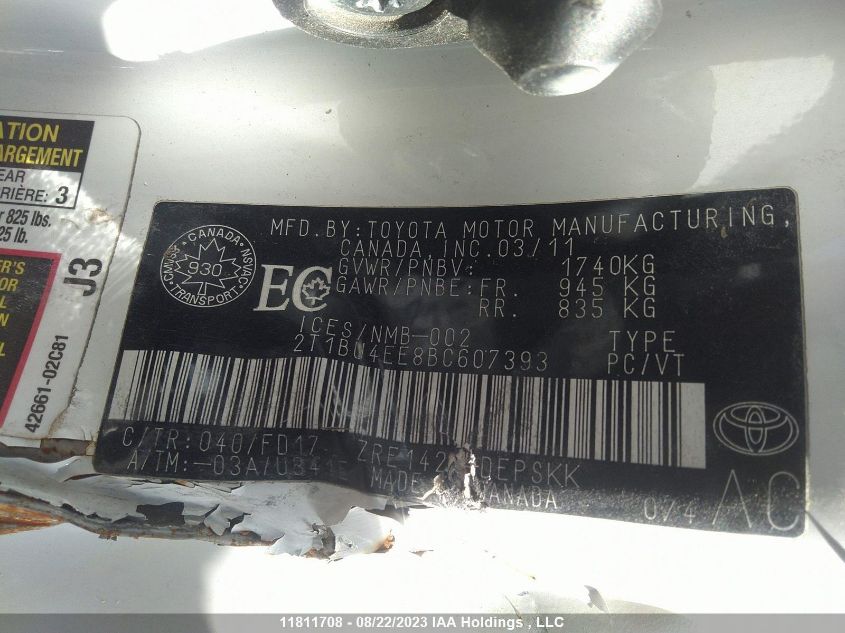 2011 Toyota Corolla Ce/S/Le VIN: 2T1BU4EE8BC607393 Lot: 11811708