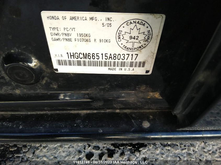 2005 Honda Accord Sdn Ex V6 VIN: 1HGCM66515A803717 Lot: 11812746