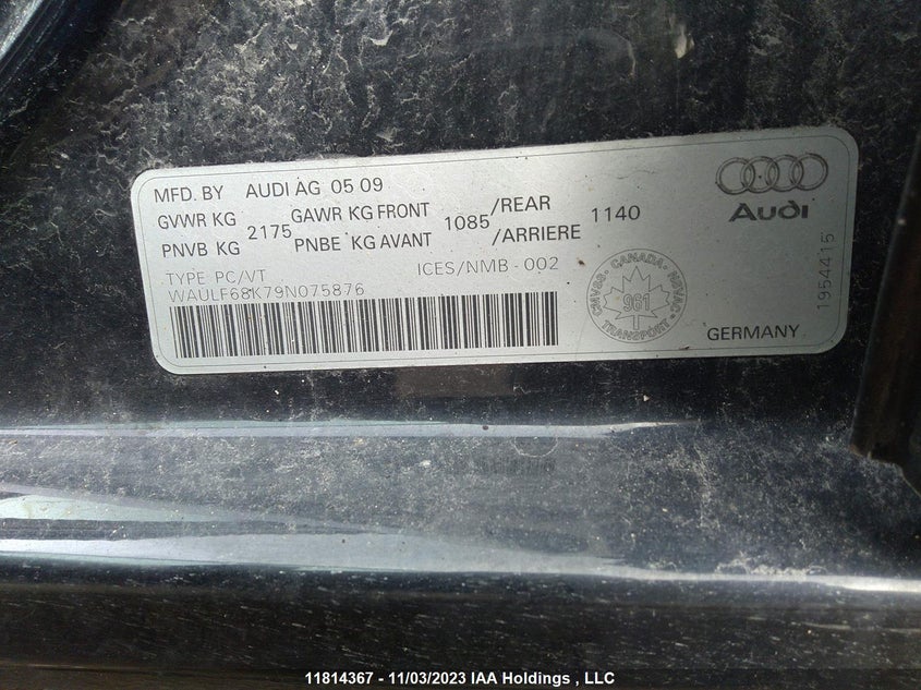 2009 Audi A4 VIN: WAULF68K79N075876 Lot: 11814367