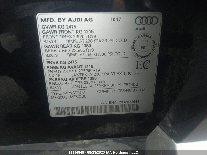 2018 Audi Q5 Progressiv VIN: WA1BNAFYXJ2072644 Lot: 11814849