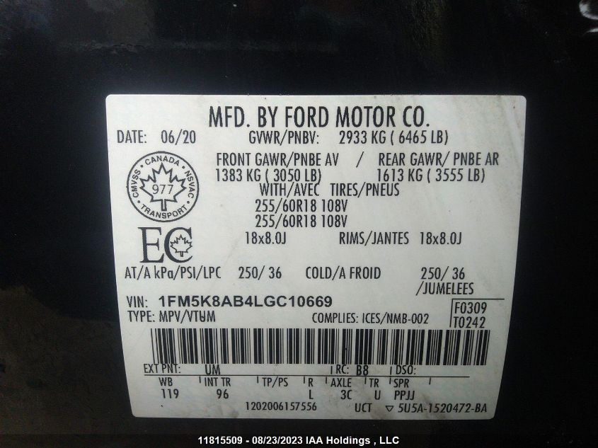 2020 Ford Police Interceptor VIN: 1FM5K8AB4LGC10669 Lot: 11815509