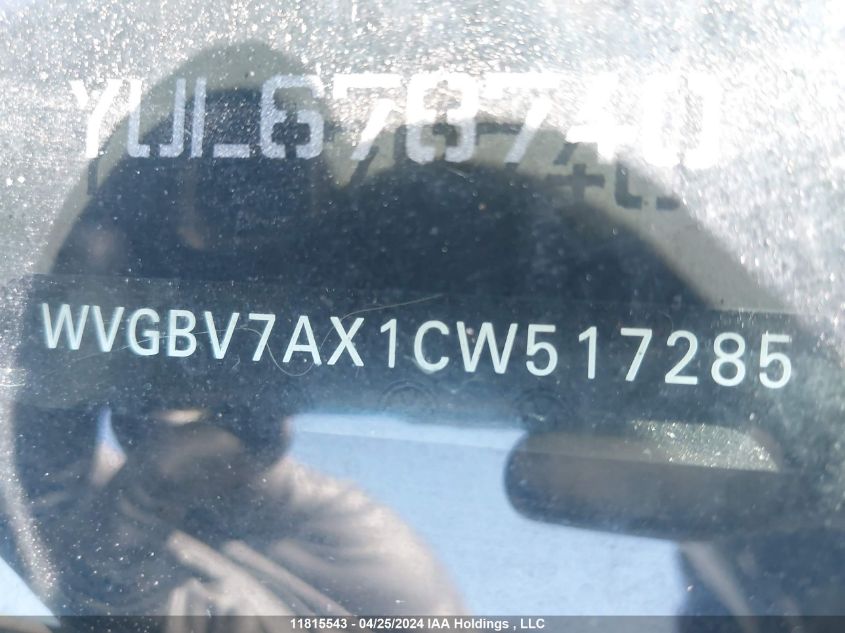 2012 Volkswagen Tiguan Trendline/Comfortline VIN: WVGBV7AX1CW517285 Lot: 11815543