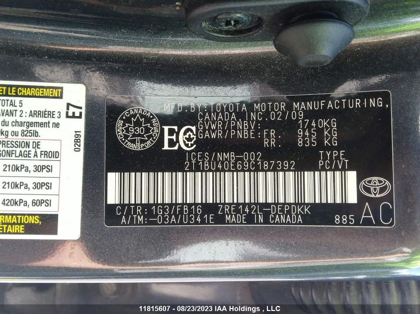 2009 Toyota Corolla Ce/S/Le VIN: 2T1BU40E69C187392 Lot: 11815607