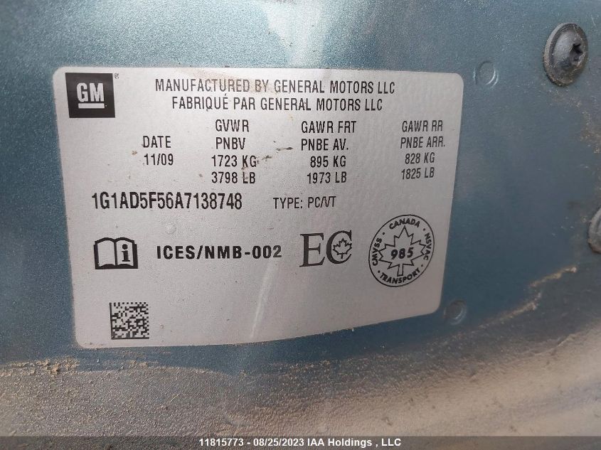 2010 Chevrolet Cobalt Lt W/1Sa VIN: 1G1AD5F56A7138748 Lot: 11815773