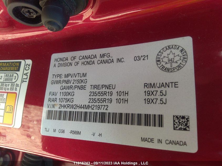 2021 Honda Cr-V VIN: 2HKRW2H44MH219772 Lot: 11816243