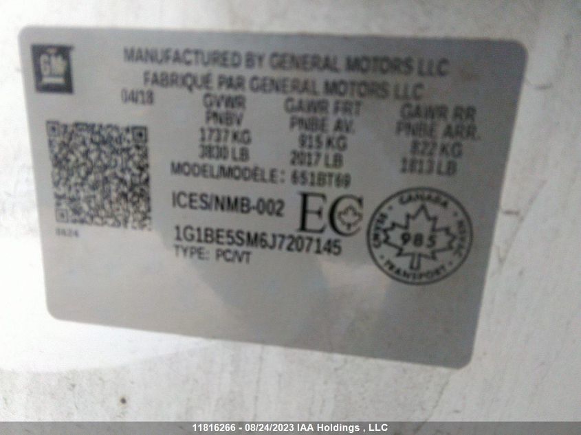 2018 Chevrolet Cruze Lt VIN: 1G1BE5SM6J7207145 Lot: 11816266