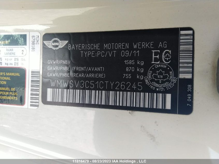 2012 Mini Cooper Hardtop S VIN: WMWSV3C51CTY26245 Lot: 11816479