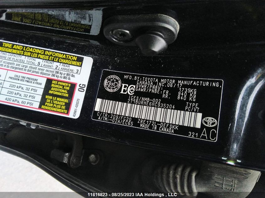 2017 Toyota Corolla VIN: 2T1BURHE6HC935204 Lot: 11816823